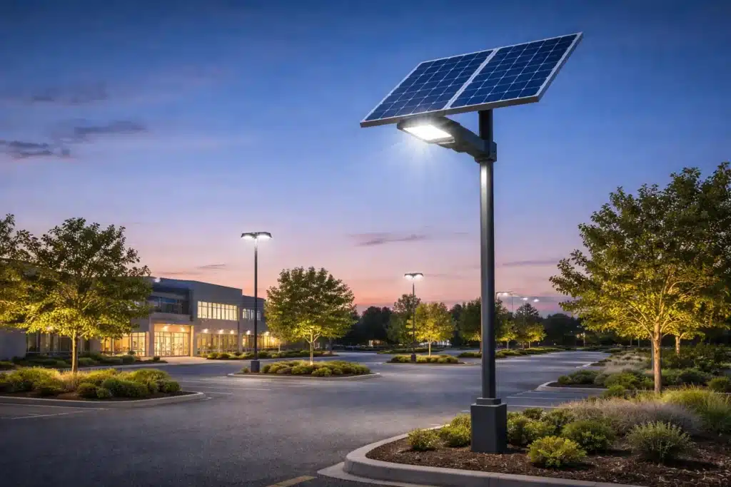 Commercial solar LED lighting system installed off grid with integrated photovoltaic panel and battery