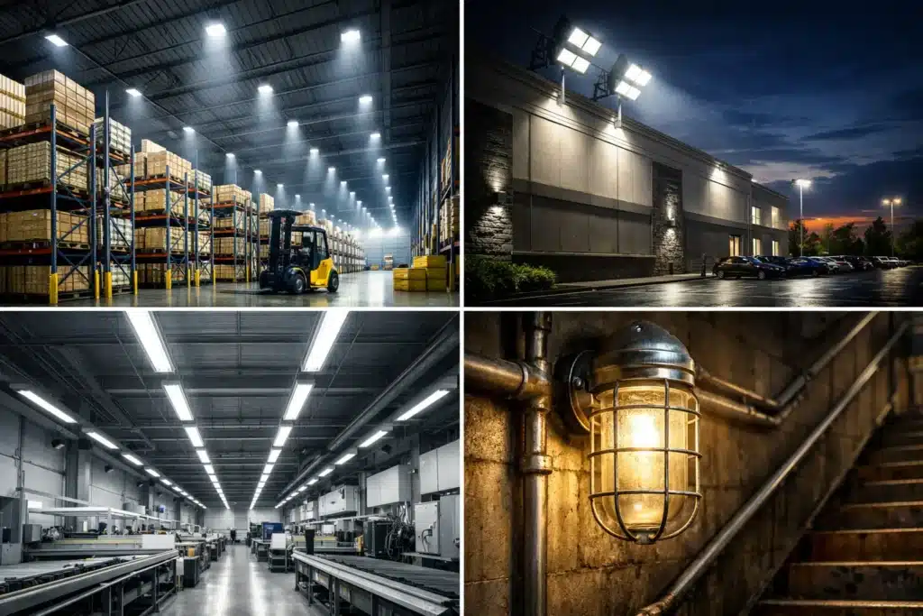 Collage showing explosion-proof high bay lighting in industrial facility, flood lights illuminating hazardous exterior yard, linear fixtures in classified corridor, and vapor-tight jelly jar lights in confined service area.
