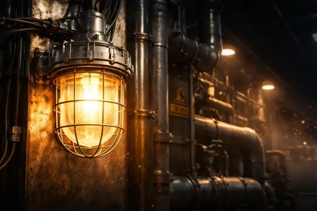 explosion proof LED lighting installed in hazardous industrial processing facility