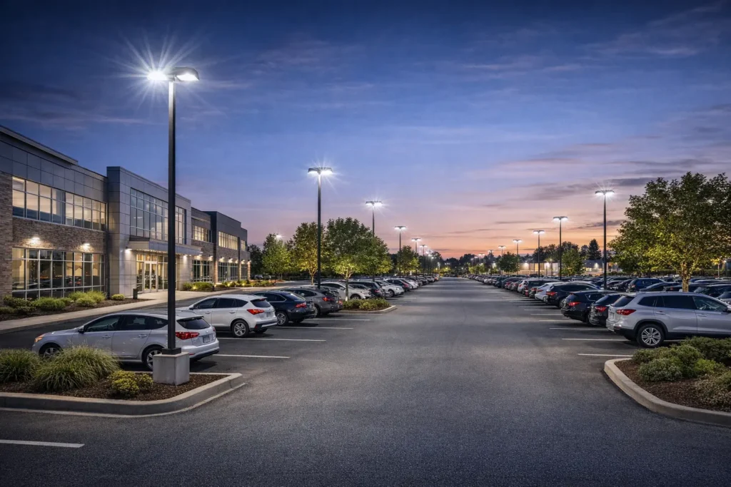 LED pole-mounted area lights providing parking lot illumination