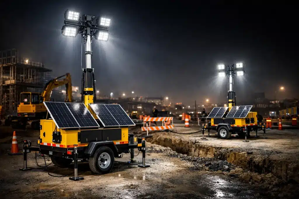 Portable LED work lights providing temporary task lighting for nighttime construction and maintenance operations