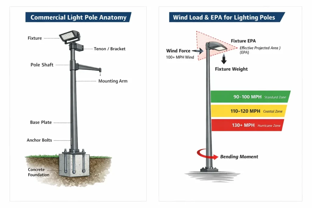 Commercial light pole anatomy diagram showing fixture, mounting arm, tenon bracket, pole shaft, base plate, anchor bolts and concrete foundation with wind load and EPA illustration.