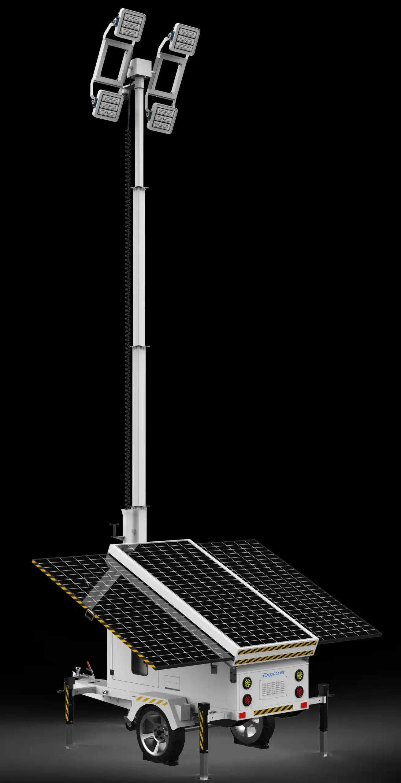 Mobile solar lighting tower with telescoping mast, solar panels, and LED flood lights mounted on a towable trailer frame