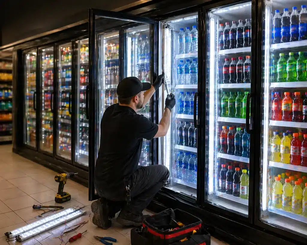 Learn how to upgrade commercial cooler door lighting with LED retrofit systems for refrigerated display cases, walk-in coolers, beverage coolers, and freezer doors.
