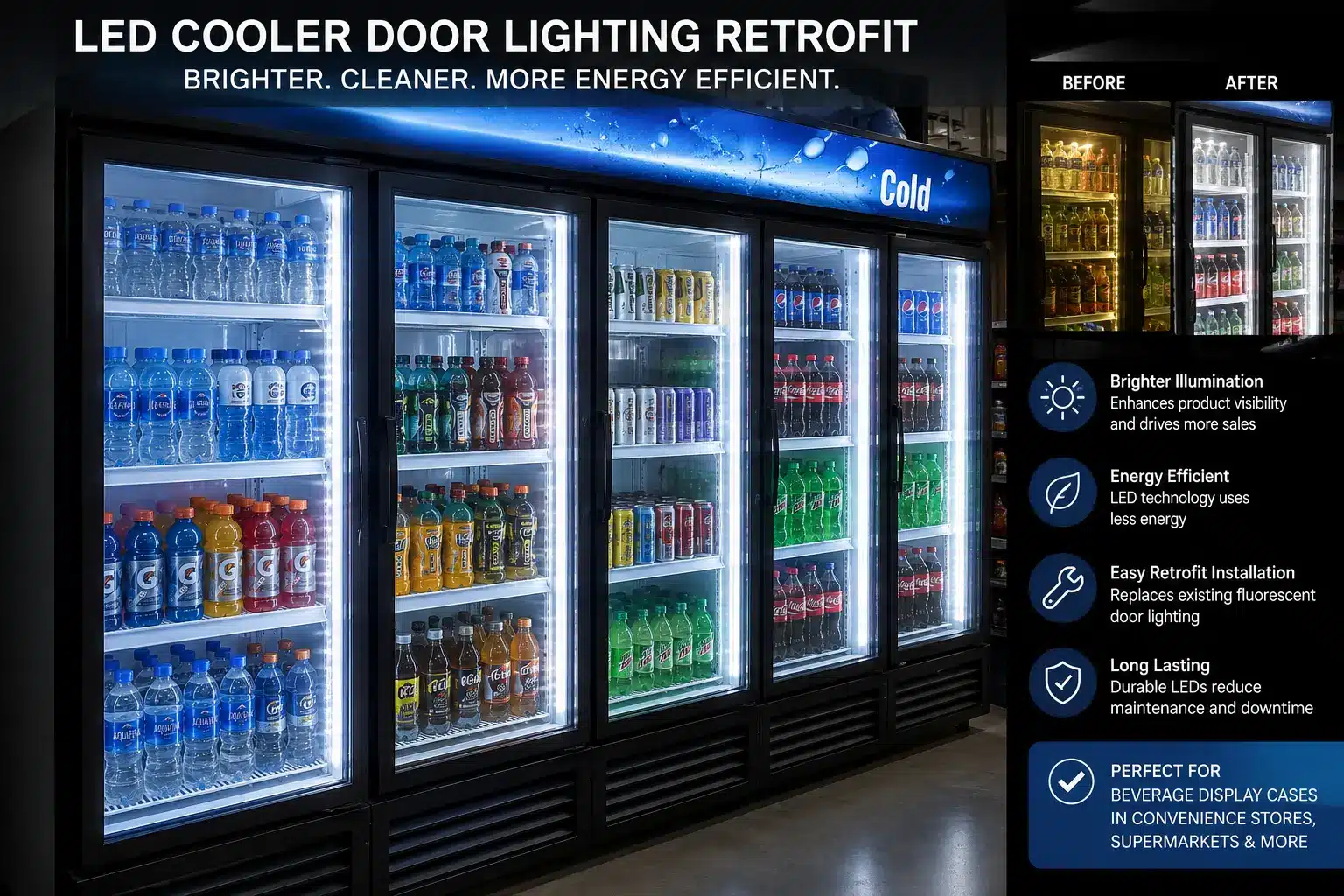 LED cooler door lighting retrofit installed in a commercial refrigerated beverage display case with illuminated glass cooler doors