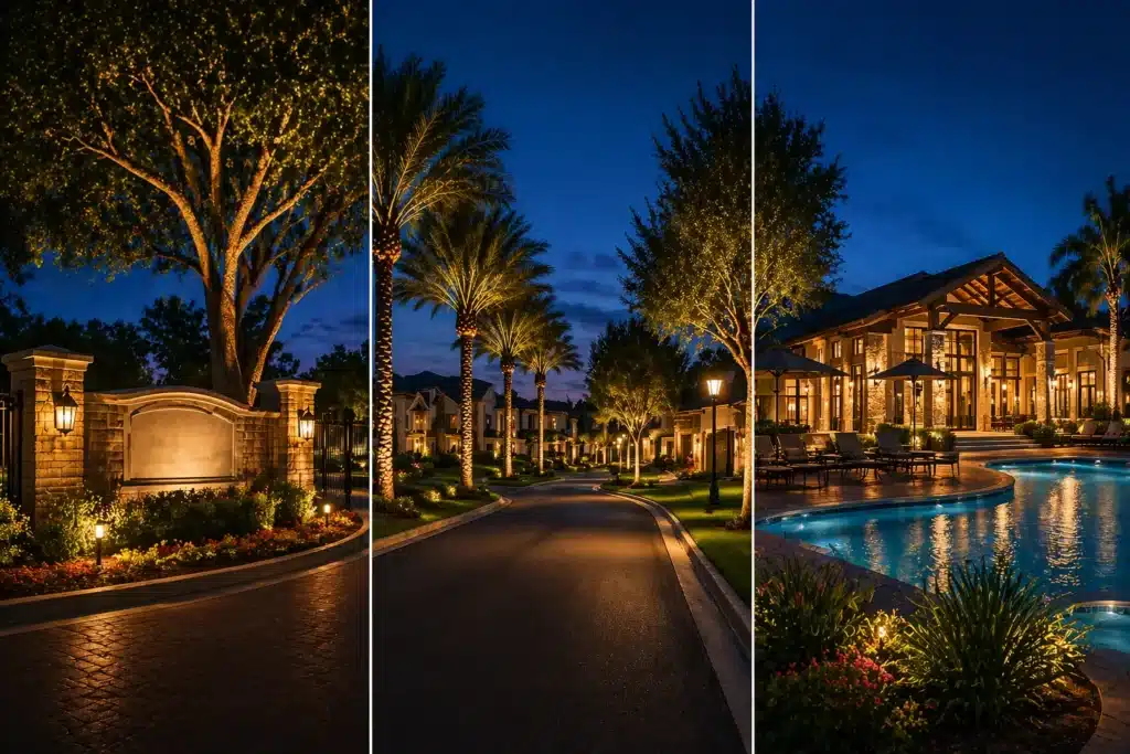 Learn how HOA lighting design improves safety, security, visibility, and curb appeal in residential communities through effective architectural site lighting, pathway lighting, and decorative outdoor fixtures.