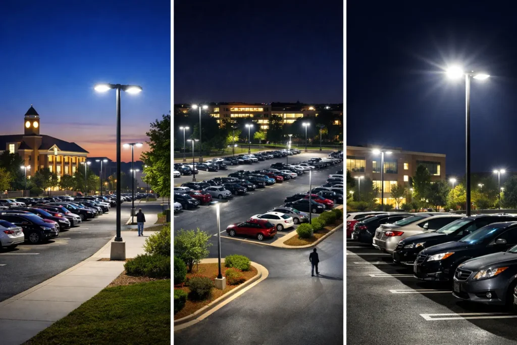 Learn recommended parking lot foot candle requirements for commercial properties, retail centers, industrial facilities, schools, and municipalities. Improve safety, visibility, and lighting uniformity with LED parking lot lighting.