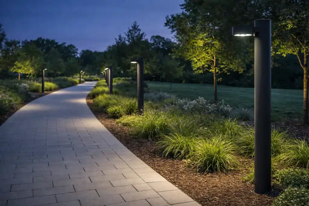 Learn pedestrian lighting design best practices for pathways, sidewalks, campuses, parks, multifamily communities, and public spaces. Improve safety, visibility, wayfinding, and aesthetics with architectural lighting solutions.