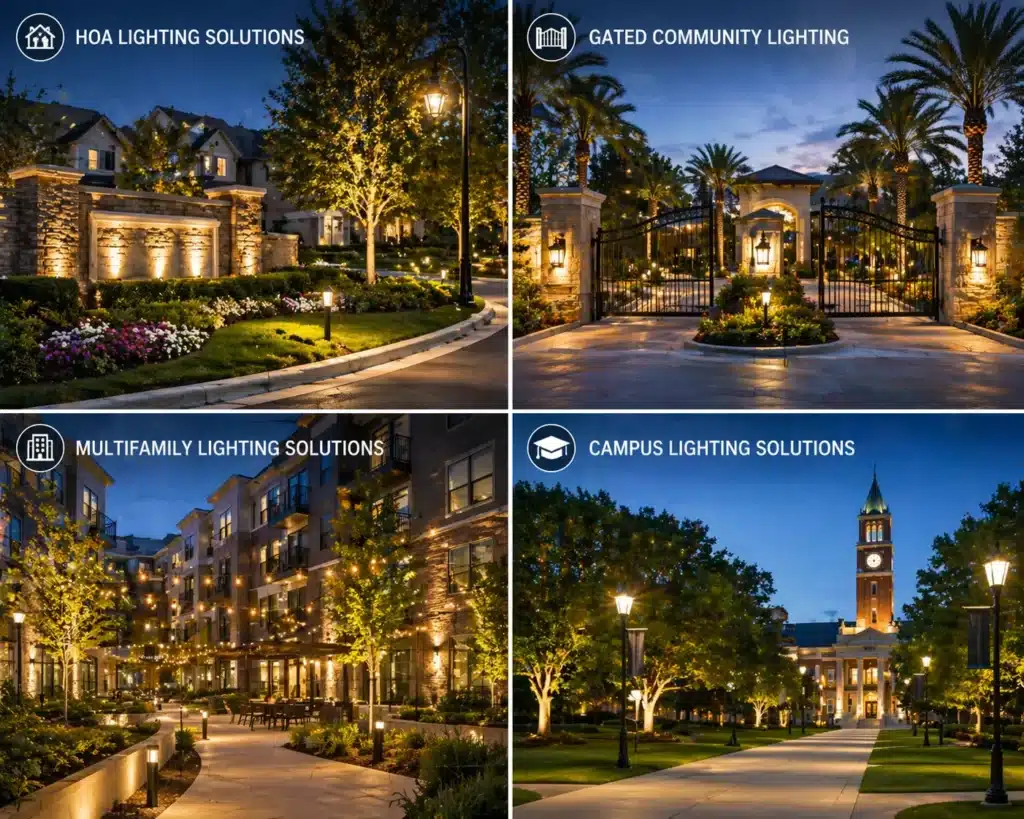 Learn how CPTED lighting principles improve safety, visibility, and crime prevention through effective outdoor lighting design for commercial properties, multifamily communities, campuses, and public spaces.