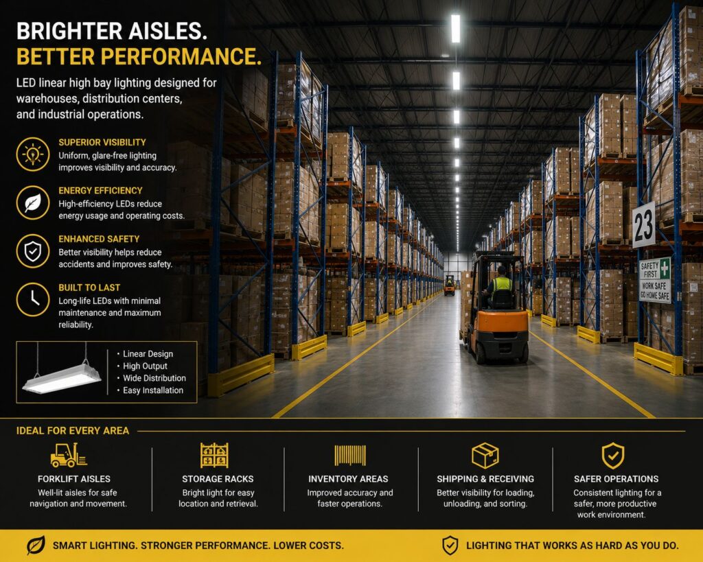 Learn how LED warehouse lighting reduces energy consumption, lowers maintenance costs, and improves ROI for warehouses, distribution centers, and industrial facilities.