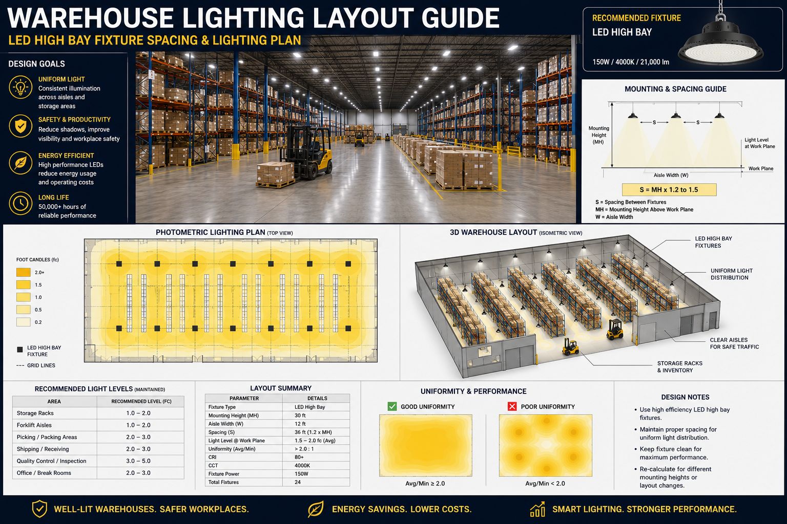 Lighting Store Layout Warehouse Lighting Layout Guide | LED High Bay Fixture Spacing ...