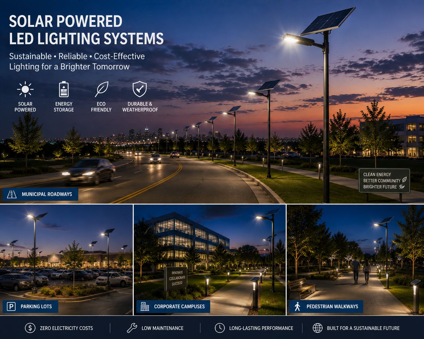 Commercial solar powered LED lighting systems illuminating municipal roadways, parking lots, corporate campuses, and pedestrian walkways at dusk.