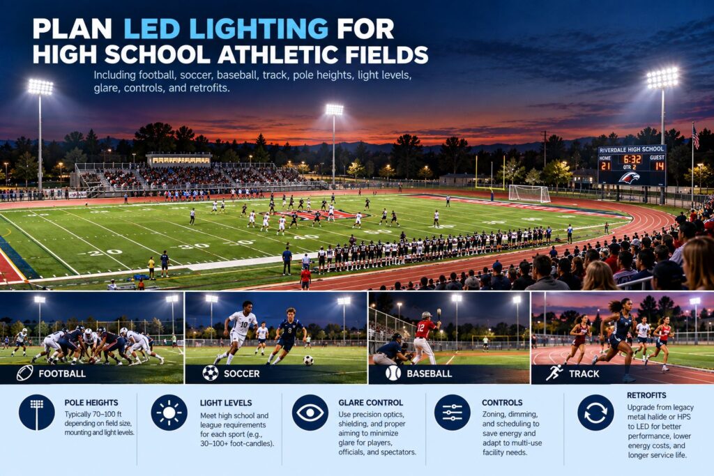 LED lighting illuminating a high school athletic field and running track at night