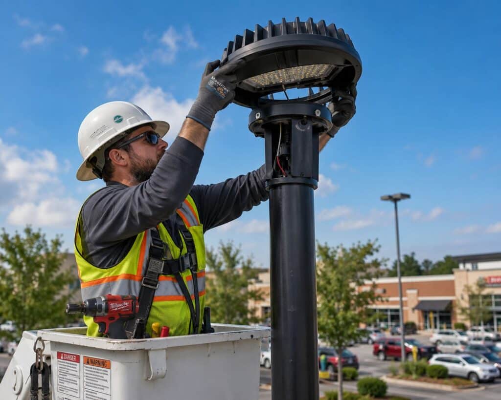 Learn how to retrofit parking lot lighting to LED, including existing poles, metal halide replacement, optics, photometrics, controls, glare, and energy savings.